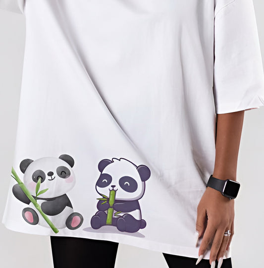 Peekaboo Panda – Cute Oversized White Tee (Women)