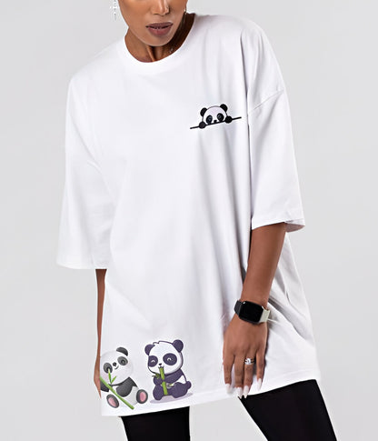 Peekaboo Panda – Cute Oversized White Tee (Women)