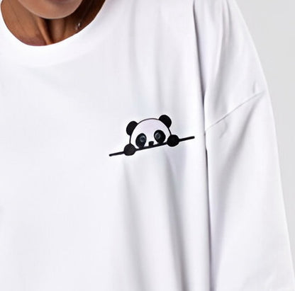 Peekaboo Panda – Cute Oversized White Tee (Women)